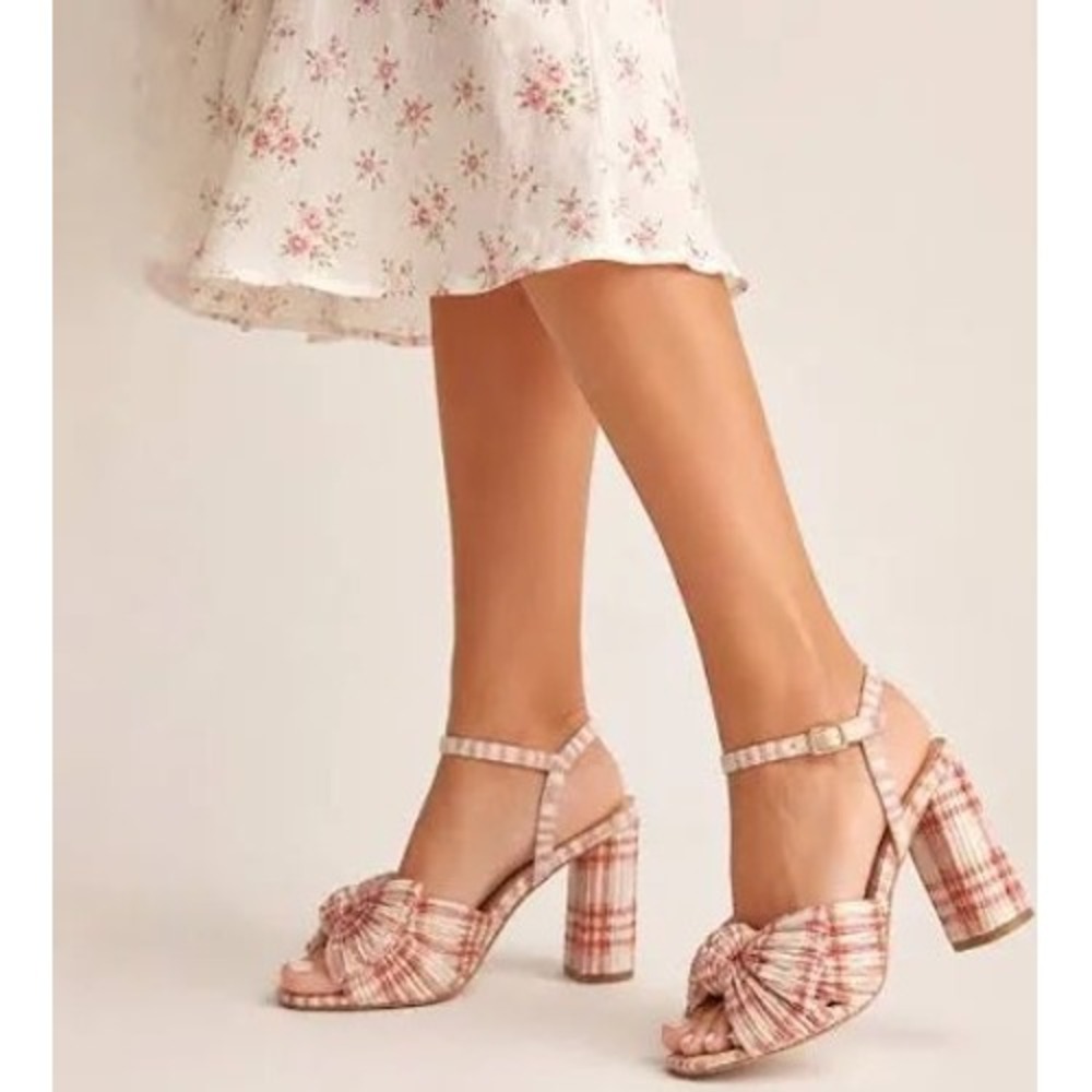Loeffler Randall Camellia Knot Sandal Cranberry Seersucker Plaid Block Heel 9.5B